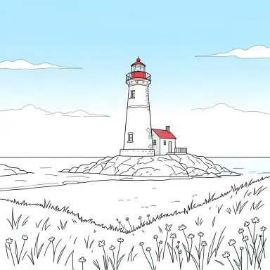 a lighthouse on a rocky islet, beach and dunes in front, line art style, FLUX.2