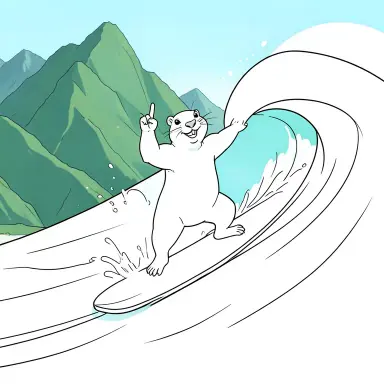 a marmot surfing a big wave, flashing a V sign, line art style, FLUX.2