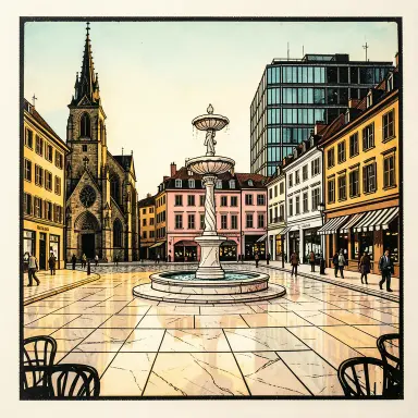 a sunlit city square with a fountain and buildings of different eras, linocut style, FLUX.2