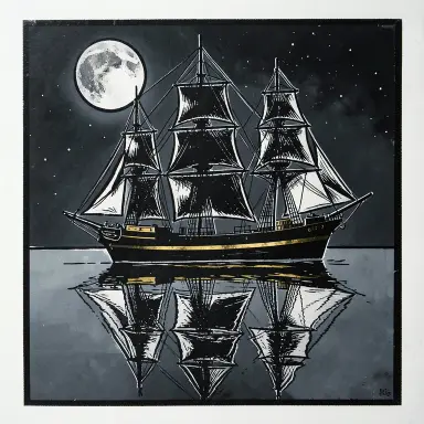 a clipper ship on a mirror-flat sea under the full moon, linocut style, FLUX.2