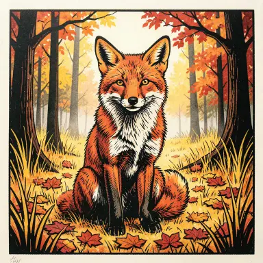 a red fox sitting in an autumn clearing, linocut style, FLUX.2