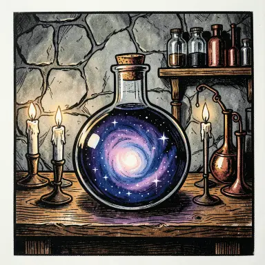 a galaxy swirling inside a glass flask in an alchemist's laboratory, linocut style, FLUX.2