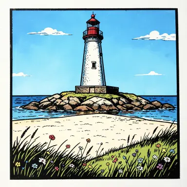 a lighthouse on a rocky islet, beach and dunes in front, linocut style, FLUX.2