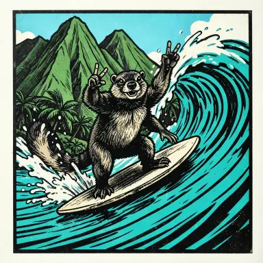 a marmot surfing a big wave, flashing a V sign, linocut style, FLUX.2