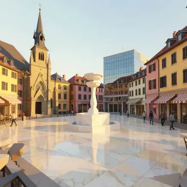 a sunlit city square with a fountain and buildings of different eras, low poly style, FLUX.2