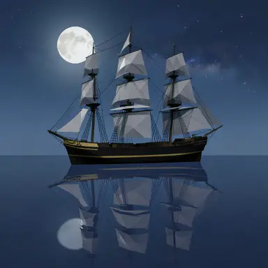 a clipper ship on a mirror-flat sea under the full moon, low poly style, FLUX.2
