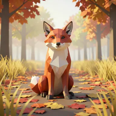 a red fox sitting in an autumn clearing, low poly style, FLUX.2