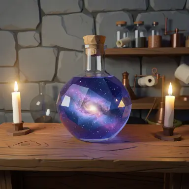 a galaxy swirling inside a glass flask in an alchemist's laboratory, low poly style, FLUX.2