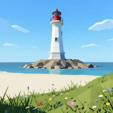 a lighthouse on a rocky islet, beach and dunes in front, low poly style, FLUX.2
