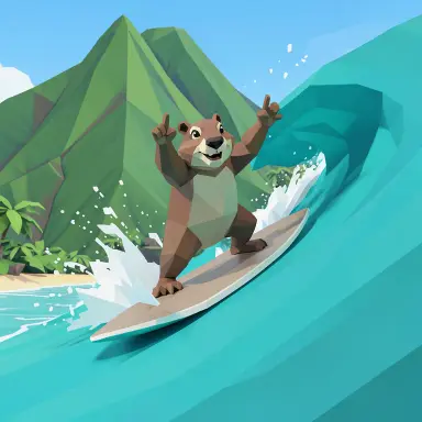a marmot surfing a big wave, flashing a V sign, low poly style, FLUX.2