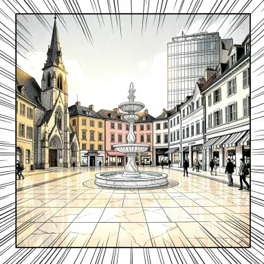 a sunlit city square with a fountain and buildings of different eras, manga style, FLUX.2