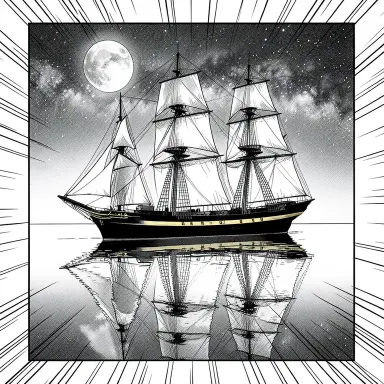 a clipper ship on a mirror-flat sea under the full moon, manga style, FLUX.2