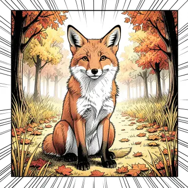 a red fox sitting in an autumn clearing, manga style, FLUX.2