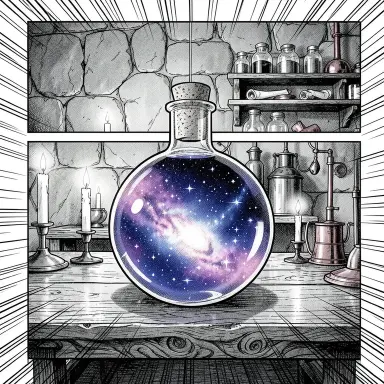 a galaxy swirling inside a glass flask in an alchemist's laboratory, manga style, FLUX.2