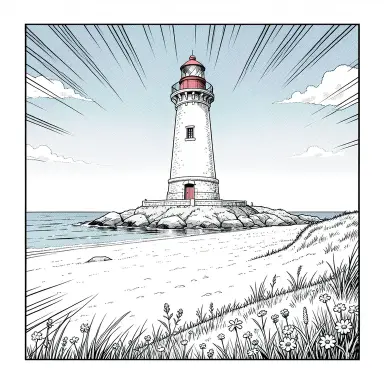 a lighthouse on a rocky islet, beach and dunes in front, manga style, FLUX.2