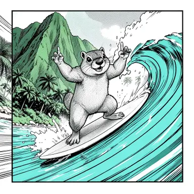 a marmot surfing a big wave, flashing a V sign, manga style, FLUX.2