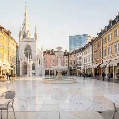 a sunlit city square with a fountain and buildings of different eras, marble sculpture style, FLUX.2
