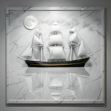 a clipper ship on a mirror-flat sea under the full moon, marble sculpture style, FLUX.2