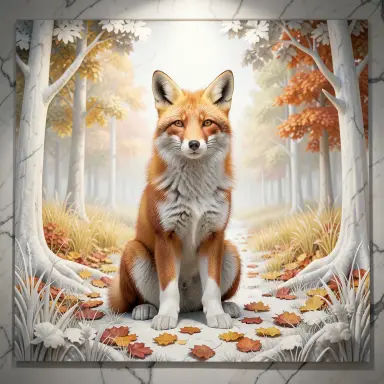 a red fox sitting in an autumn clearing, marble sculpture style, FLUX.2