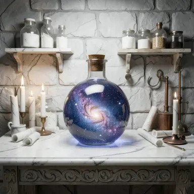 a galaxy swirling inside a glass flask in an alchemist's laboratory, marble sculpture style, FLUX.2