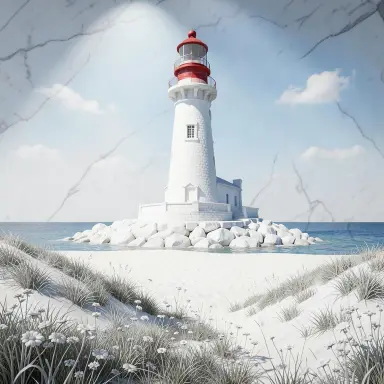 a lighthouse on a rocky islet, beach and dunes in front, marble sculpture style, FLUX.2
