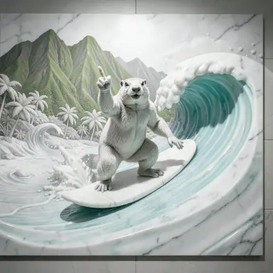a marmot surfing a big wave, flashing a V sign, marble sculpture style, FLUX.2