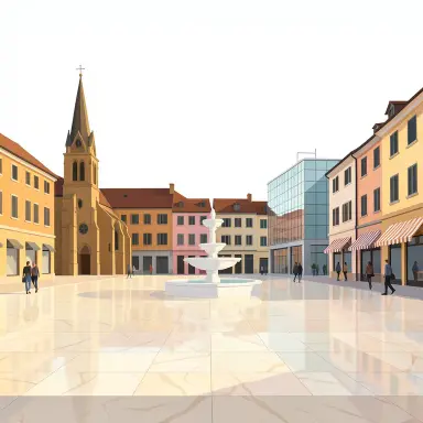 a sunlit city square with a fountain and buildings of different eras, minimalism style, FLUX.2