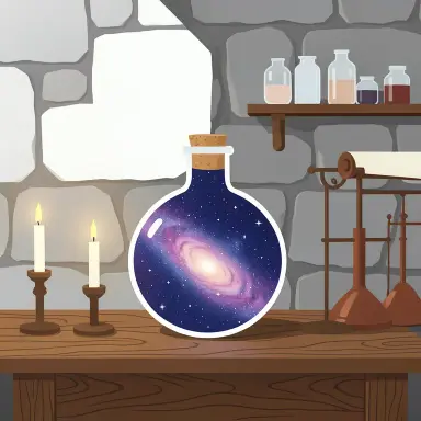 a galaxy swirling inside a glass flask in an alchemist's laboratory, minimalism style, FLUX.2