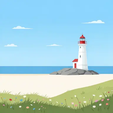 a lighthouse on a rocky islet, beach and dunes in front, minimalism style, FLUX.2