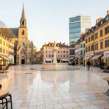 a sunlit city square with a fountain and buildings of different eras, mosaic style, FLUX.2