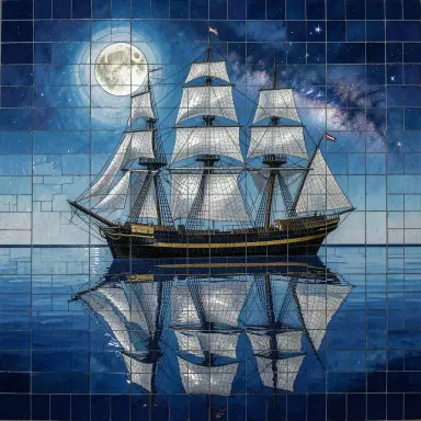 a clipper ship on a mirror-flat sea under the full moon, mosaic style, FLUX.2