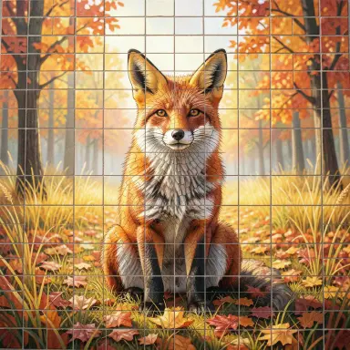 a red fox sitting in an autumn clearing, mosaic style, FLUX.2