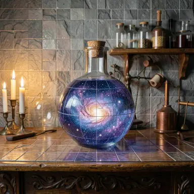 a galaxy swirling inside a glass flask in an alchemist's laboratory, mosaic style, FLUX.2
