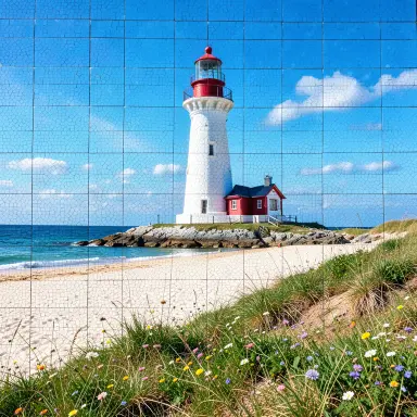 a lighthouse on a rocky islet, beach and dunes in front, mosaic style, FLUX.2