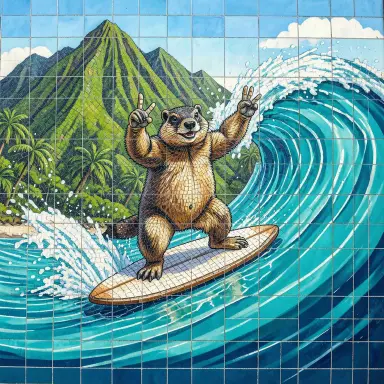 a marmot surfing a big wave, flashing a V sign, mosaic style, FLUX.2