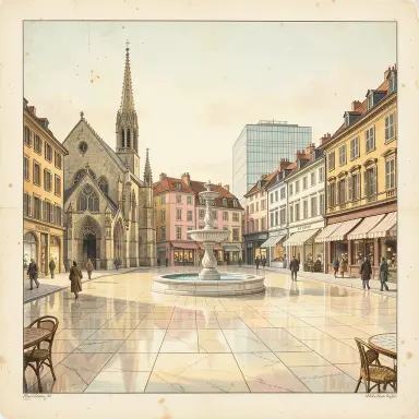 a sunlit city square with a fountain and buildings of different eras, natural history illustration style, FLUX.2