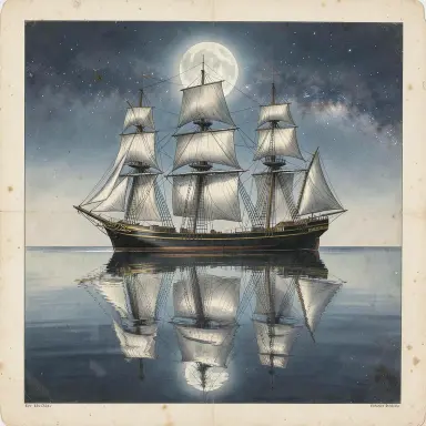 a clipper ship on a mirror-flat sea under the full moon, natural history illustration style, FLUX.2
