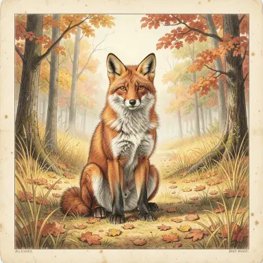 a red fox sitting in an autumn clearing, natural history illustration style, FLUX.2