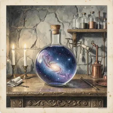 a galaxy swirling inside a glass flask in an alchemist's laboratory, natural history illustration style, FLUX.2