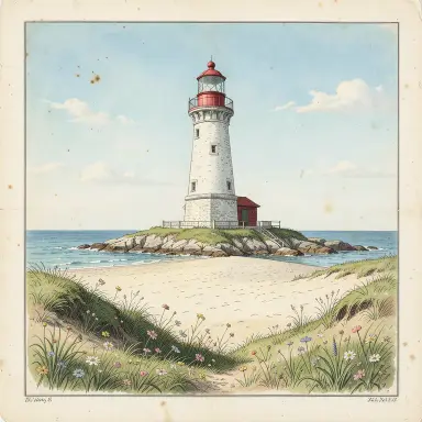 a lighthouse on a rocky islet, beach and dunes in front, natural history illustration style, FLUX.2