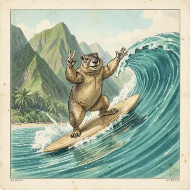a marmot surfing a big wave, flashing a V sign, natural history illustration style, FLUX.2