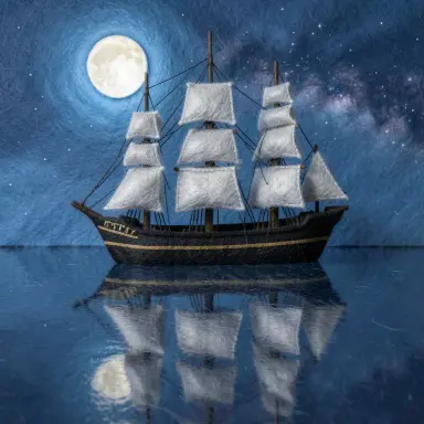 a clipper ship on a mirror-flat sea under the full moon, needle felt style, FLUX.2
