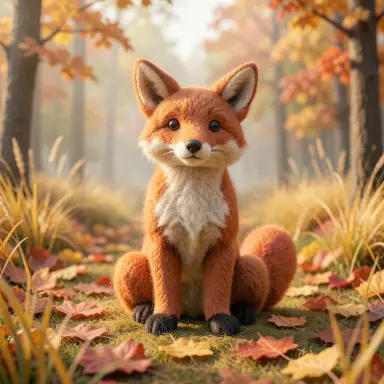 a red fox sitting in an autumn clearing, needle felt style, FLUX.2