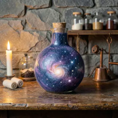 a galaxy swirling inside a glass flask in an alchemist's laboratory, needle felt style, FLUX.2
