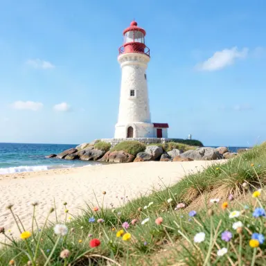 a lighthouse on a rocky islet, beach and dunes in front, needle felt style, FLUX.2