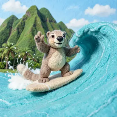 a marmot surfing a big wave, flashing a V sign, needle felt style, FLUX.2