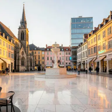 a sunlit city square with a fountain and buildings of different eras, neon sign style, FLUX.2