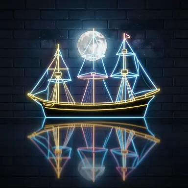 a clipper ship on a mirror-flat sea under the full moon, neon sign style, FLUX.2