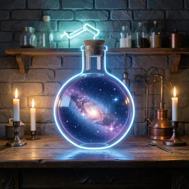 a galaxy swirling inside a glass flask in an alchemist's laboratory, neon sign style, FLUX.2