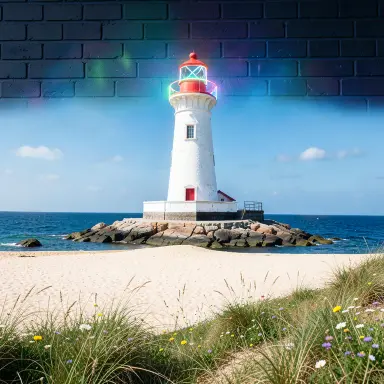 a lighthouse on a rocky islet, beach and dunes in front, neon sign style, FLUX.2